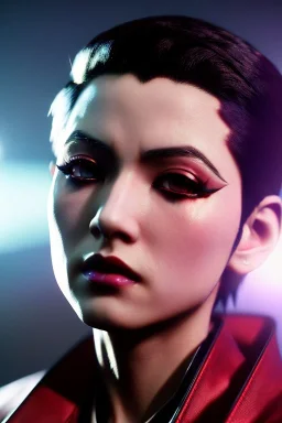 anime vampire, portrait from waist up, intricate eyeliner, vibrant eyeshadow, clear completion, soft lighting, 4k resolution, intricate details, insanely detailed, colorful cityscape background, masterpiece, expert, cinematic smooth, retroanime style, realistic details, no helmet