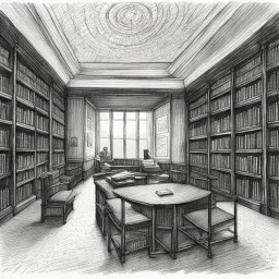 [a pen sketch with a lot of strokes in stippling] a man in a library surrounded by