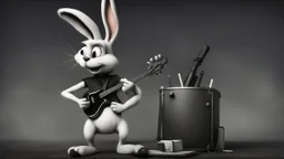 photorealistic deppressed dark melancholic sad Bugs bunny with blackeye deppressed doing music rock and roll dark heavy metal on a scene alcoholic, ciggaretes ciggaretes sad sad sad sad ciggarets