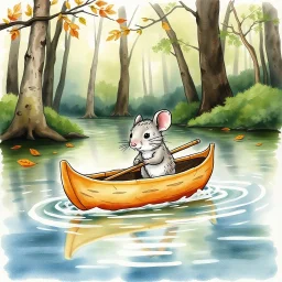 Watercolor and ink painting of a cute mouse in a canoe made of oak leaves floating down a placid river in the woods, quaint, stunning, masterpiece, whimsical