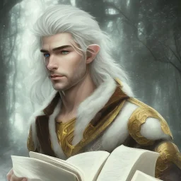 full body shot of calm elf with white hair in brown suit reading a legendary book, fantasy character, somber, gloomy lighting, epic perspective, trending on artstation