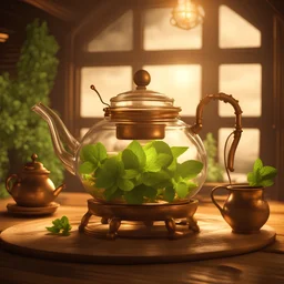 mint herbs are brewed in a transparent glass teapot against the background of an oven in a large light sauna with steam,steampunk super realistic scene, 360 degree view, good full lighting and detail, steampunk - 12k, 3D