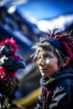 portrait of young Cyndi Lauper in the Alps on mountain top, with rock giant creature in the background,shot on Hasselblad h6d-400c, zeiss prime lens, bokeh like f/0.8, tilt-shift lens 8k, high detail, smooth render, down-light, unreal engine, prize winning