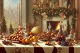 encaustic oil painting of 1960's western european christmas scents, epic, grapes, strawberries, oranges, dried fruit, volumetric candle light, chestnuts, walnuts, bay leaves, gingerbread, raisins, cloves, pine tufts, squirrels, in the background a fireplace, wood and fire, small minutiae, tiny features, particulars, maple leaves, 8k, uhd, richly detailed environment, sharp focus, intricate detail, very detailed, sharp focus, art by sam curry