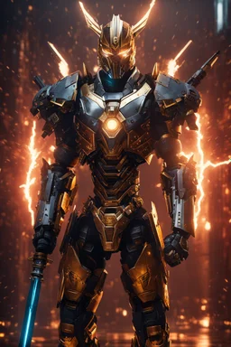 Dark Lord Evil mechanical robo warrior character, anthropomorphic figure, wearing futuristic mecha warrior armor and weapons, reflection mapping, realistic figure, hyperdetailed, cinematic lighting photography, 32k uhd with a golden staff, red lighting on suit, lightning thunder storm background