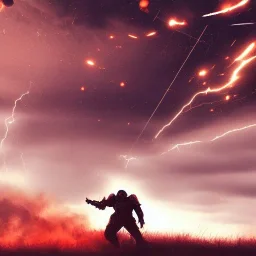 doom scenary. Heavy rain. Epic Lighting in the sky. Knight with a sword. Falling object from the sky. Meteorite burning in the distance.