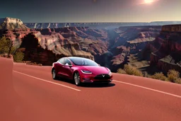 A Tesla 'Model S' is going at a high speed, in the 'Grand Canyon National Park'. (CINEMATIC, WIDE ANGLE LENS, PHOTO REAL)