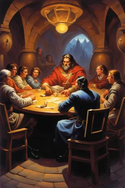 man big, strong man in travelers cloth sitting at a big, round table. fantasy setting. Style of Jeff Easley