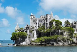 A futuristic ruined gothic building on an island floating over the sea with balconies, verandas, many arches, bridges, spires, paths, trees, dense foliage, spanish moss, ivy, blue sky, white clouds