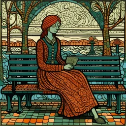 a painting of a female sitting on a bench by Steve Brodner, pixiv, naive art, tarot card, whimsical, woodcut