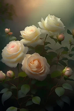 magic A bush of delicate tea roses of dark cream color, the plant is ultra-detailed, rain, beautiful landscape, fog, many details, delicate sensuality, realistic, high quality, 3d, hyperdetalization, filigree, hazy haze, hyperrealism, professional, transparent, delicate pastel tones, back illumination, contrast, fantastic, unreal, translucent, glowing, clear lines, epic fabulous, fabulous landscape, hyperrealism