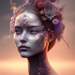 Portrait of beautiful girl, face dept of field,face shining, plant, metal, feathers,central weight average, CWA Dryad,Median filter fae, sidhe, ominous, nature, plants, wildflower sparkle,wildflower 3d view, facepaint, dnd character portrait, intricate, oil on canvas, masterpiece, expert, insanely detailed, 4k resolution, retroanime style, cute big circular reflective eyes, cinematic smooth, intricate detail , soft smooth lighting, soft pastel colors, painted Renaissance style,sharp focus