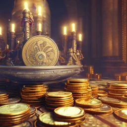 dynamic lighting, Intricately detailed, Splash screen art, deep color, Unreal Engine, volumetric lighting, silver coins, pile of coins, pirate treasure, stacked coins, indoors, candle, altar,