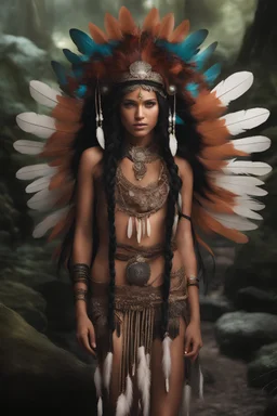 Photoreal unearthly gorgeous indigenous godlike mayan girl adorned in clothes adorned with feathers that flutter with every step exuding beauty that blends seamlessly with the natural surroundings and hair cascading down her back like a waterfall of obsidian and eyes holding a spark of wild intelligence in a dense rainforest, otherworldly creature, in the style of fantasy movies, shot on Hasselblad h6d-400c, zeiss prime lens, bokeh like f/0.8, tilt-shift lens