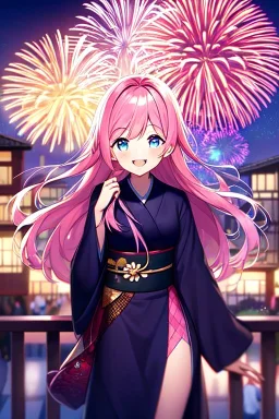 girl, masterpiece, best quality, cinematic lighting, detailed outfit, vibrant colors, perfect eyes, long hair, pink hair, blue eyes, kimono, fireworks, laughing, town,