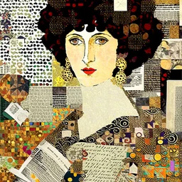 paper collage of a portrait, newspaper pages and wallpaper, background patterned wallpaper, by artist "Gustav Klimt"