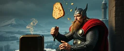 Movie poster portrait. The mighty God Thor sees the hammer toaster on a pole, spit out one slice in his face. The bread is jumping over his head. In the style of Rembrandt and "Gods of Fallout 4". He is sitting on the balcony of his castle, with a great view over the frozen valley. He is trying to grab the bread quickly. "Fali' ja."