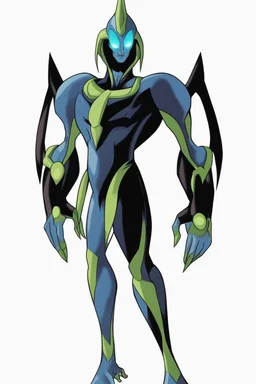 This new alien from the Ben 10 cartoon looks like an alien with an advanced and amazing appearance. He is distinguished by his slender and flexible body, which indicates his high alien capabilities. His skin appears light blue, adding to his feral character