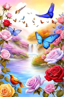 Trés belles roses, rainbows, beautiful colors gardens , flowers, cascades,Birds, butterfly