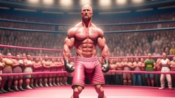 Highly detailed wide shot of Dwayne Johnson posing in a boxing ring, realistic, muscles, buff, flexing, pink skirt, eyebrows, large crowd