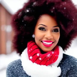 Woman, happy, expressive, emotive, smiling, pouting lips, African American, afro hair, kinky hair, coily hair, blizzard, snow, red sweater, delta sigma theta, snow angel, hazel colored eyes, snow man, snowflake,snowball, hair in high puff