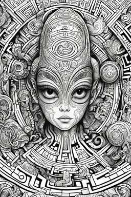 A Coloring Book image, white background, a mazes featuring aliens, doodling style, line art, clipart, high quality, simple line illustration, black and white, ultra detailed, highly detailed eyes and feet and fingers.