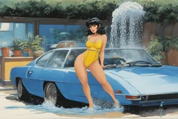 (in the style of Orion, by Masamune Shirow) a woman in swimsuit washing one sport car in california "Carwash" (The Dick Emery Hour, 1980) The garden hose is coiled up.