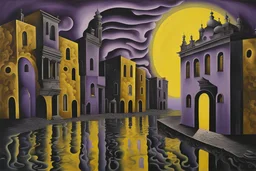 midnight in surreal old city with one big full moon, shadows on walls, strange buildings, sinister, dark clouds, by Greg Rutkowski surrealism Salvador Dali , purple-yellow, black melting oil on canvas, sinister, by Greg Rutkowski surrealism Salvador Dali matte background melting oil on canvas abstract vector fractal, wave-circle function, Zentangle, 3d shading