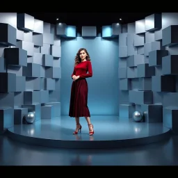 make a picture pretty stage made of metallic blue-gray teme 3d recursive cubic and sphere and cylinder base structures and a beautiful fashion model lady standing in scene with dark red top and pretty pleated midi skirt ,makeup curvy long hair,nice high heels,dynamic camera zoom to full body ,dynamic lights.