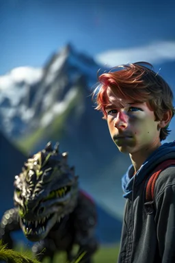 portrait Geordie Kieffer as teenager in the Alps on mountain top, with rock giant creature in the background,shot on Hasselblad h6d-400c, zeiss prime lens, bokeh like f/0.8, tilt-shift lens 8k, high detail, smooth render, down-light, unreal engine, prize winning