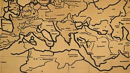 face of neanderthal in foreground parchment map of Europe background