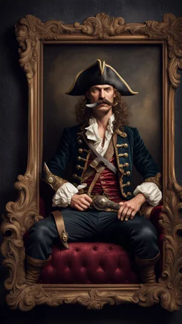 Hyper Realistic vintage frame picture of a pirate with thick moustache sitting on a fancy velvet sofa with his sword on a rustic dark wall