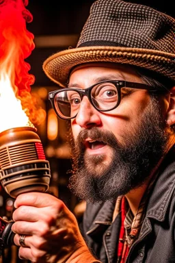 Man firestarter with a microphone in hand, wearing glasses, hat, beard, hard rock man and metal radio host sleeping in the background