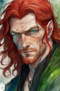 dnd, fantasy, watercolour, large strokes, stylistic, portrait, illustration, dull colours, male, face, narrow long face, weathered face, green eyes, determined, smiling, red hair, very long hair streaming down the shoulders, lush hair, radiating light, five o'clock shadow, elegant, short small mouth