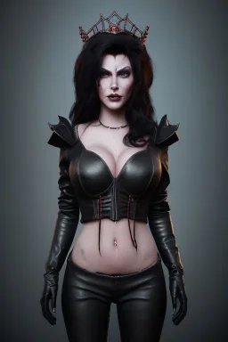 Amy Dumas as evil queen in black leather, leather, busty, cleavage, angry, rage, stern look. character design by cory loftis, fenghua zhong, ryohei hase, ismail inceoglu and ruan jia. unreal engine 5, artistic lighting, highly detailed, photorealistic, fantasy