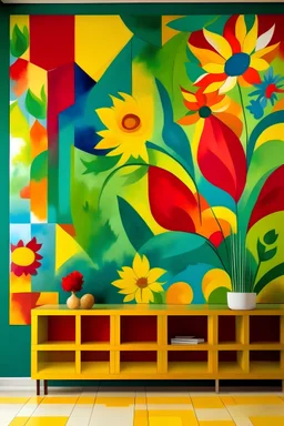 Create a handpainted wall mural by arranging squares to form abstract flowers and plants. Use a palette of vibrant and natural colors to bring life to the mural. Color Palette: Emerald green, sunflower yellow, ruby red, sky blue.