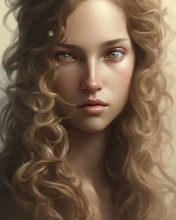 girl, cute, young, curly brown hair, brown eyes, long hair, close up, head and shoulders portrait, head and shoulders portrait, 8k resolution concept art portrait by Greg Rutkowski,