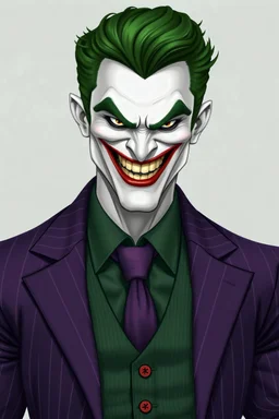 The Laughing Man - A tall, muscular 20-year-old man, with (((Short, crew cut wavy green hair tapered on the sides and back:1.5))), his face is white with red lips permanently stuck in an evil grimace/smile, he has thick, bushy green eyebrows He wears a purple pinstriped jacket over a green waistcoat and an orange button up shirt with a purple tie