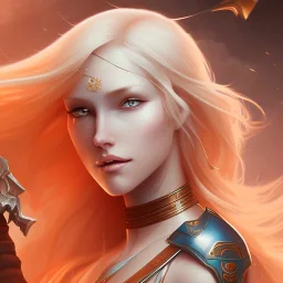 fantasy setting, woman, orange locks, white locks, more orange hair, more white hair