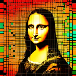 a drawing of a vibrant color Mona Lisa face with a grid pattern on it, computer graphics, analytical art, daz3d, behance hd, sketchfab