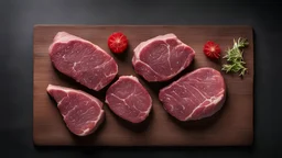 Food backgrounds: overhead view of two raw juicy beef steak fillets on a cutting board shot on black table. The composition is at the left of an horizontal frame leaving useful copy space for text and/or logo at the right. High resolution 42Mp studio digital capture taken with SONY A7rII and Zeiss Batis 40mm F2.0 CF lens