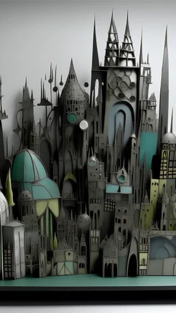 A grayish mint colored ancient African cyberized city made out of steel designed in Javanese shadow puppets painted by Wassily Kandinsky