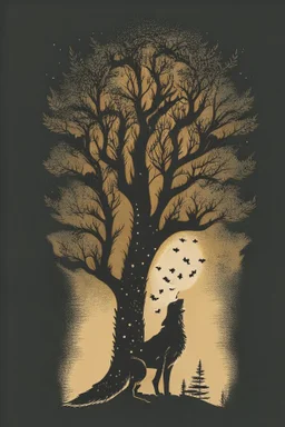 in a cosy vintage style, a wolf howls at a black tree