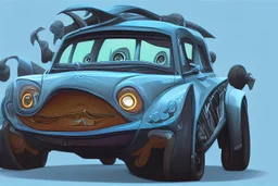 whimsical cartoon car with big eyes and its front grill forming a friendly smile