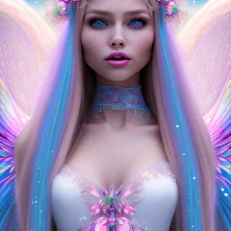 beautiful, soft, big smile face, whole head, long straight blonde hair blues eyes, crown on the head, clothing in transparent bluish and pink veil,fairy wings on the back, background brillante bluish and pink, hight definition, 8K