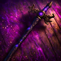 Closeup of an old, dark, wooden magical wand used for black magic. Bright violet details. Evil. Dark. Black magic. No detailed background.Magical. Epic. Dramatic, highly detailed, digital painting, masterpiece