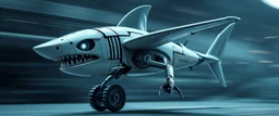 blind contour robot shark bat with no teeth, like space ship fighter jet massage master guru fast moving motion blur background, landing wheel gears