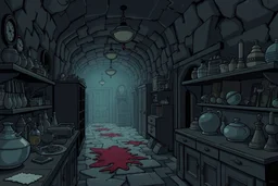 dark scary old corridor with a lot of old items on the counter, cartoon style, full view