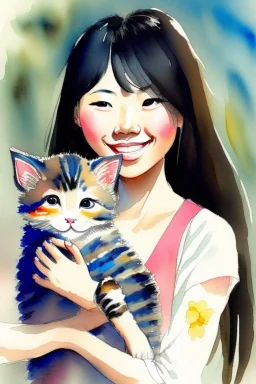 A cute smiling asian girl is holding a kitten. Watercolour