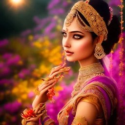 bright indian fairy, beautiful portrait, flowery landscape, light, sun